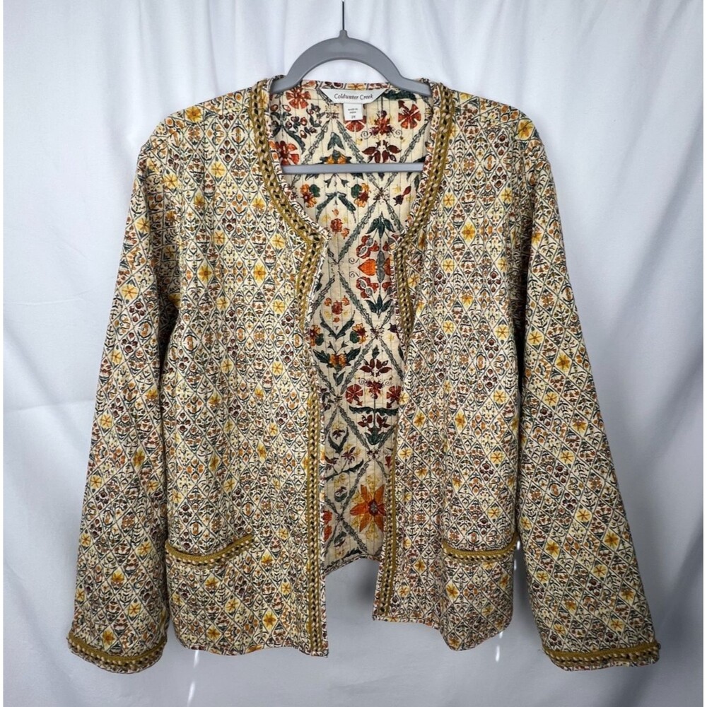 COLDWATER CREEK Jacket Womens 2X Quilted Floral Boho Artsy Cotton Open Front